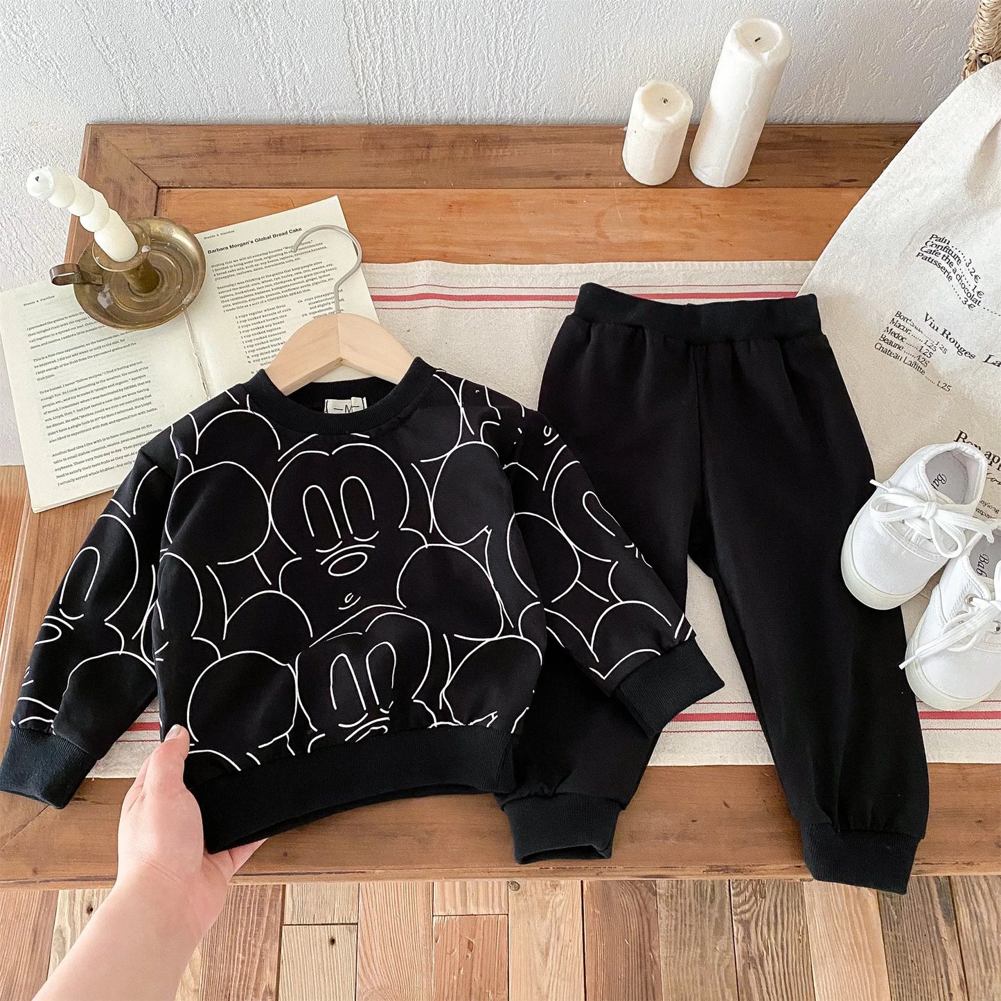 Black Print Mickey Cartoon Sweatshirt Set Baby Clothes Outfit