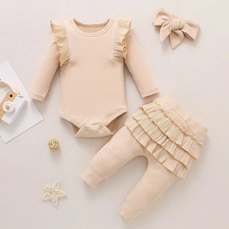 Newborn Baby Girls Clothes Infant Long Sleeve Ruffle Romper Bodysuits+Pants+Bow Headband 3Pcs Suit Children Toddler Outfit A422 - BabyHaven