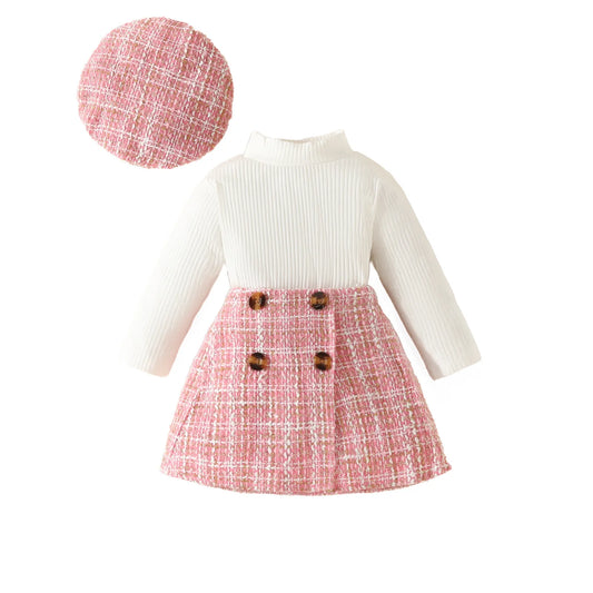 Infant Spring Autumn Long Sleeve Top and Dress Set 6 - 18 Months Baby Girl Houndstooth Skirt Beret - BabyHaven