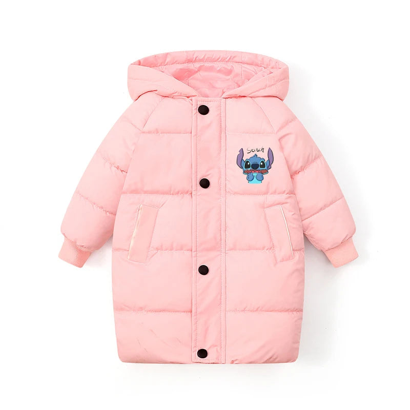 Disney Stitch Kids Long Winter Jacket Thicken Warm Cotton Coat for Boys And Girls Autumn Teen Outerwear Big Children's Clothes