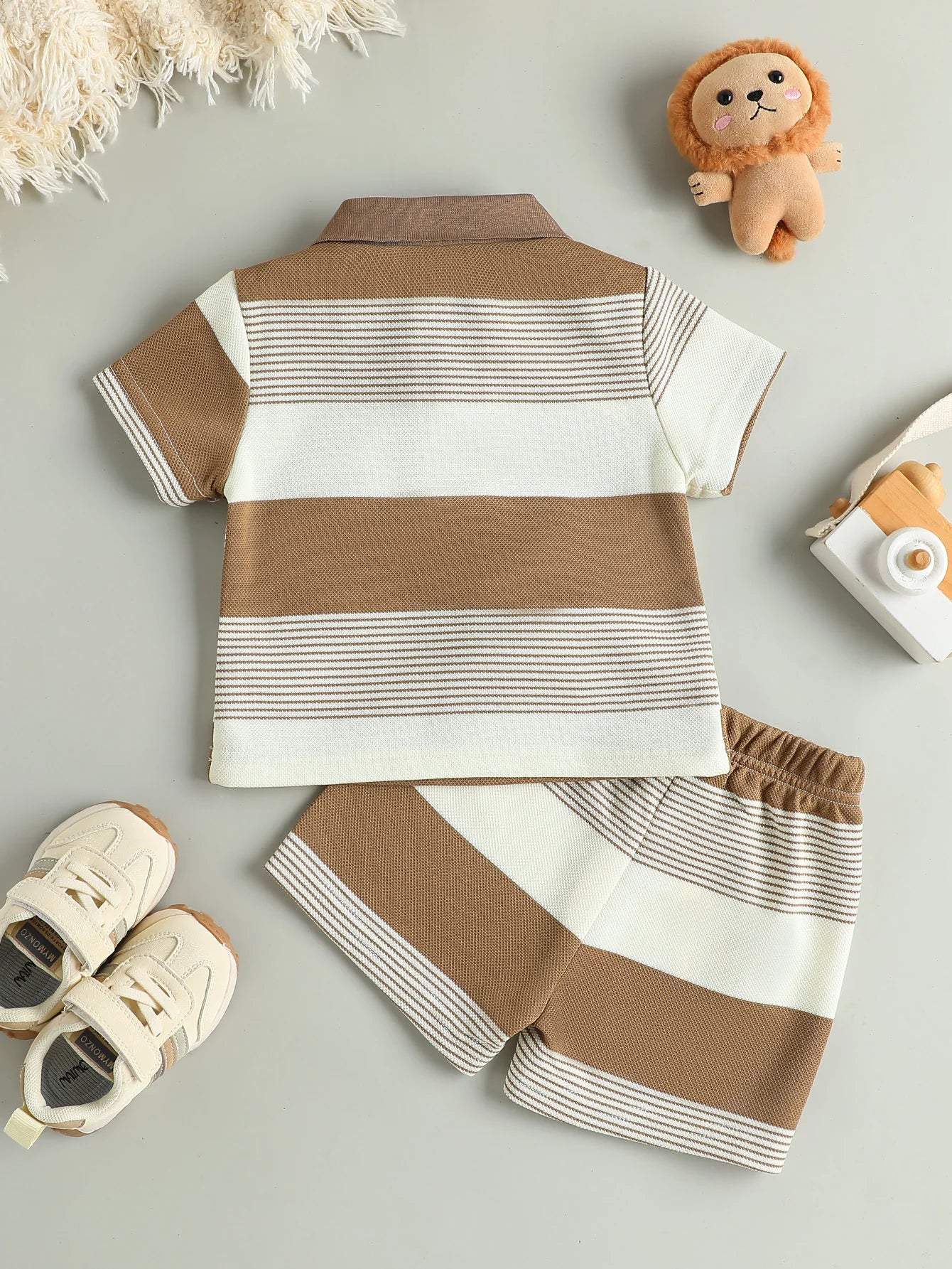 Children's Summer New Arrival Boys Regular Striped Teddy Bear Short T-Shirt and Shorts Casual Sport Two Piece Set - BabyHaven