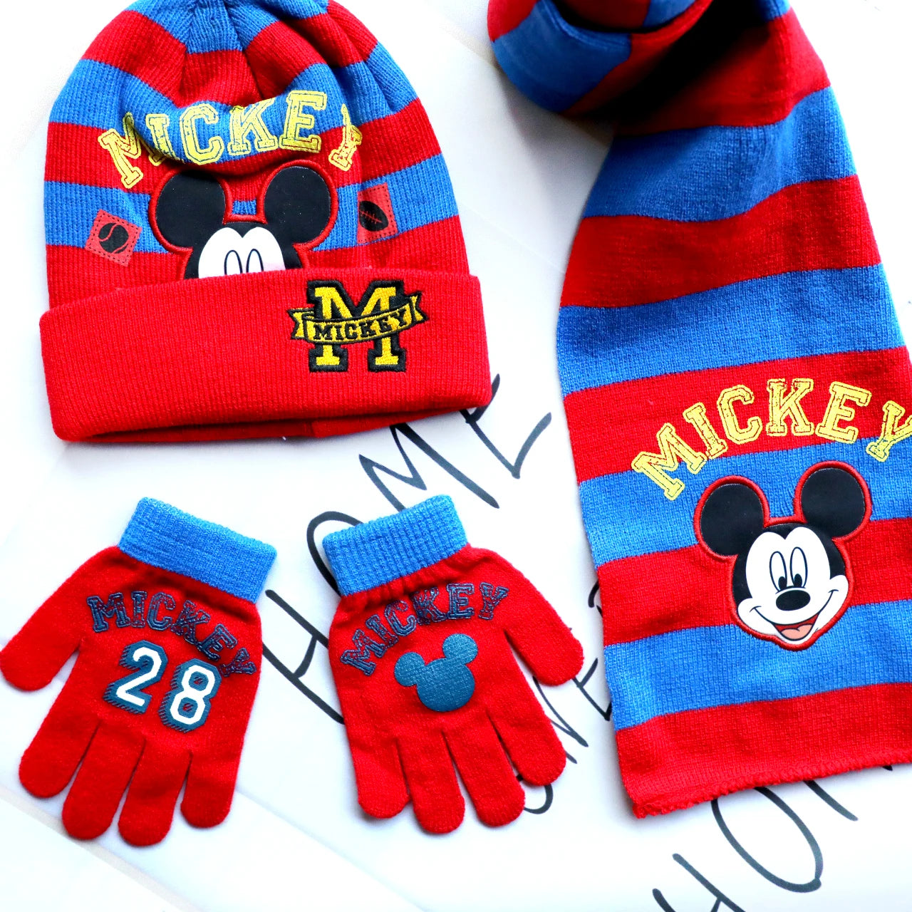3pcs/set 4-8Years children's hat boys Mickey Cartoon hat scarf gloves hat knitted sets girl cap keep warm girls headgear