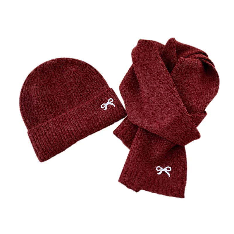 2024 Kids Knitted Hats Scarfs Set Cute Bow Embroidered Hat Trendy Solid Girls Baby Cap Winter Warm Children Accessories