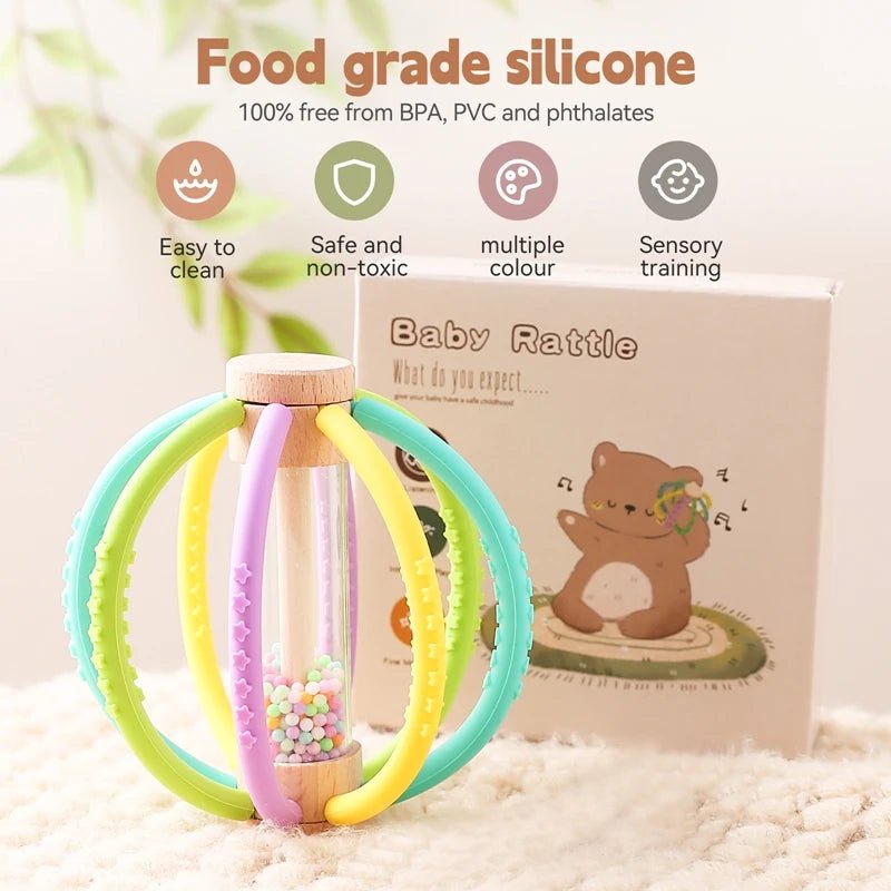 Baby Rattle Toy Wooden Rain Drum With Silicone Baby Sensory Touch Toy Newborn Dental Care Gum Anti - eating Hand Molar Stick Gif - BabyHaven