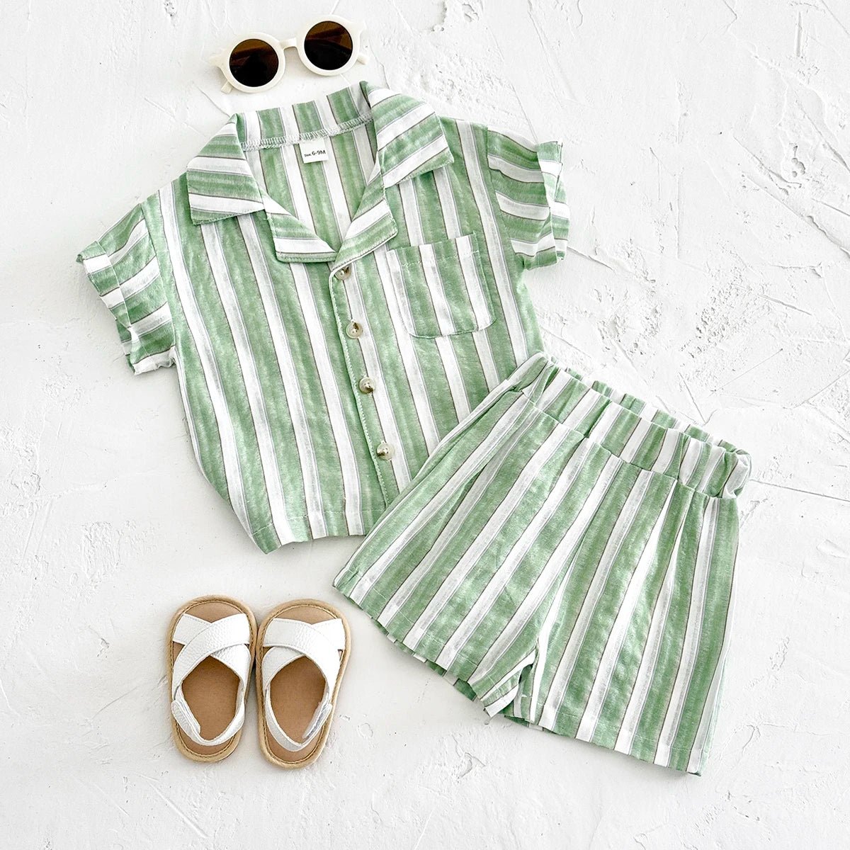 Newborn Baby Boys Girls Clothing Summer Set Green Stripe Buttoned Shirt Shorts 2Pcs Set - BabyHaven