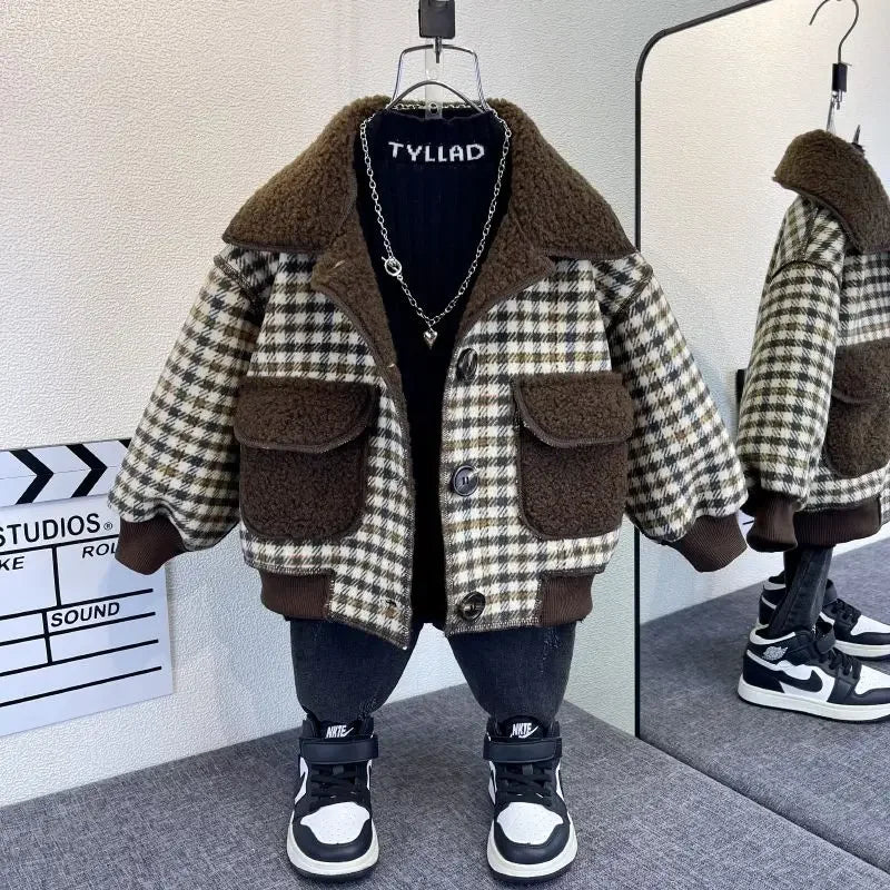 Girl Children's Clothing Fleece Plaid Single Breasted Jacket 2025 New Boy Autumn Winter Jacket Baby One-piece Fleece Top