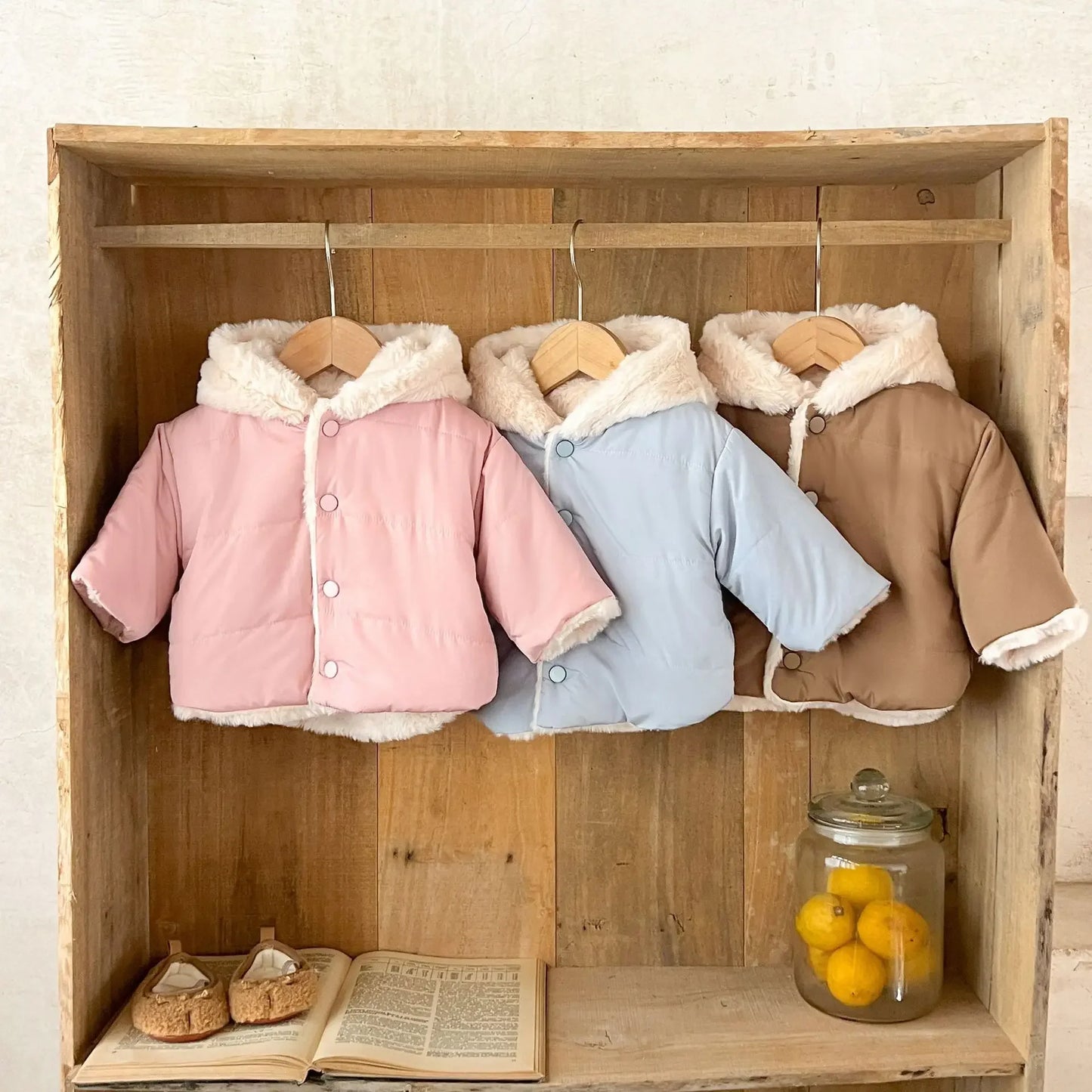 Korean Style Baby Boys Girls Winter Coat Fleece Lined Thickened Cotton Padded Jacket Cute Bear Ear Hooded Warm Outerwear