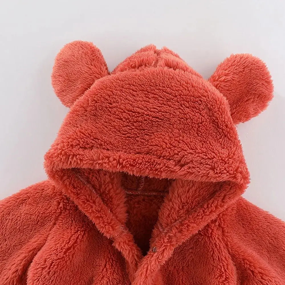 Winter 0-12M Newborn Baby Girls Boys Warm Fleece Bear Ear Romper Jumpsuit Thick Cozy Multi-Color Infant Hooded Jumpsuit