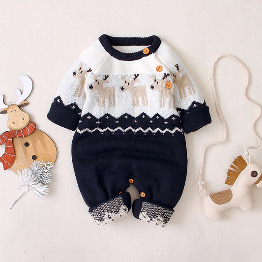 Sending Hats Baby Christmas Rompers Clothes Red Reindeer Knit Newborn Boy Girl Jumpsuits Winter Infant Kids New Year Playsuits