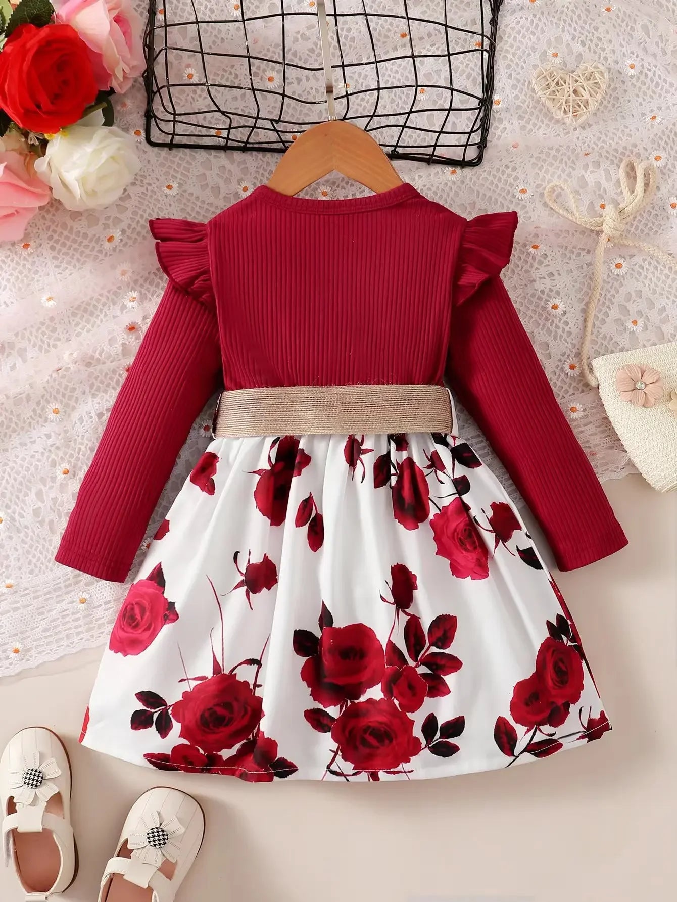Children Girls Fashion Dress Red Long Sleeved Flower Skirt - BabyHaven