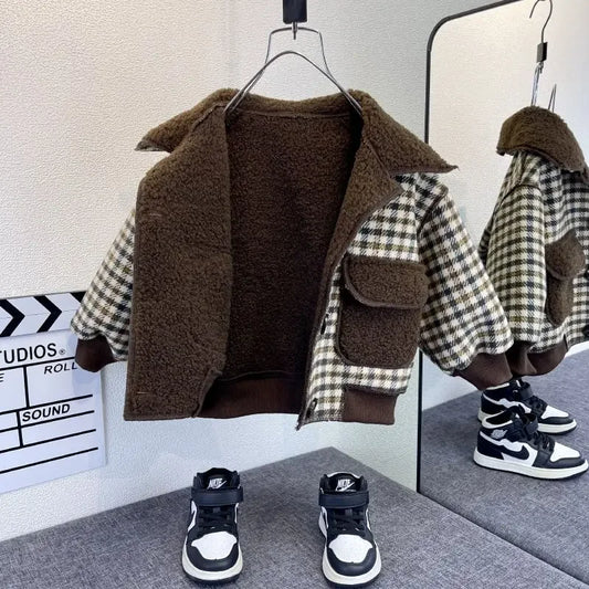 Girl Children's Clothing Fleece Plaid Single Breasted Jacket 2025 New Boy Autumn Winter Jacket Baby One-piece Fleece Top