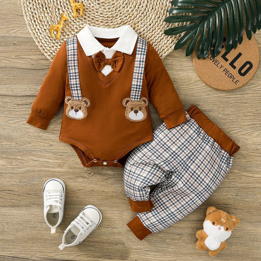 Baby Boys Bear Pattern Gentleman Style Romper Set for Infants - BabyHaven