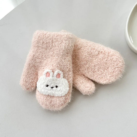 Cartoon Baby Plush Mittens Thick Double Layer Hanging Neck Gloves 1-3Year Girl Boy Winter Hand Warmer Cover Cute Children Gloves