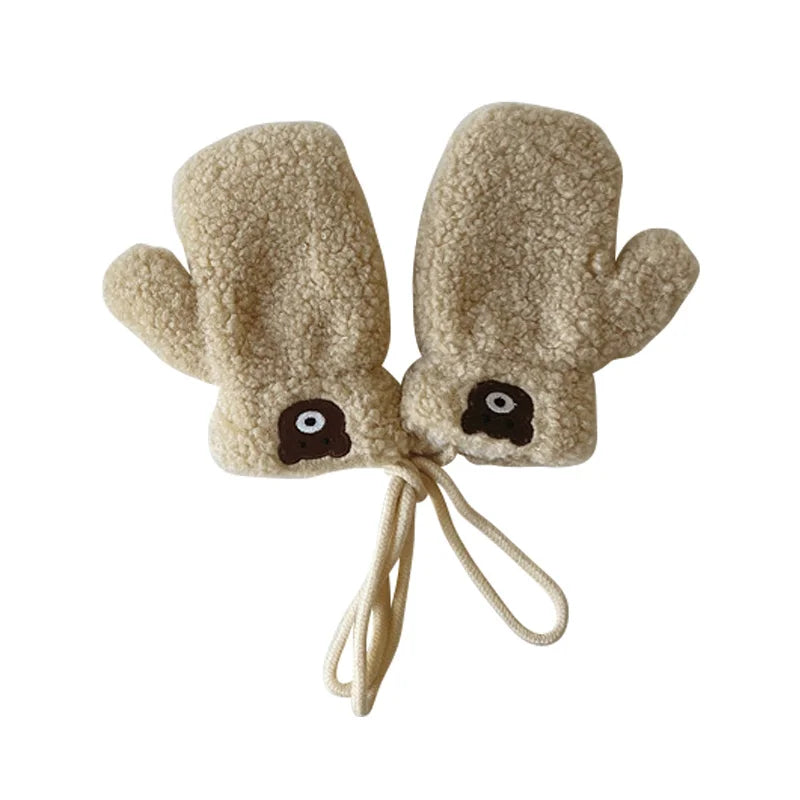 Bear Children Winter Mittens Thicken Warm Halter Baby Gloves for Girls Boys Lamb Wool Korean Kids Scarfs Baby Neck Warmer 2-6Y