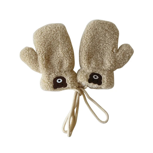 Bear Children Winter Mittens Thicken Warm Halter Baby Gloves for Girls Boys Lamb Wool Korean Kids Scarfs Baby Neck Warmer 2-6Y