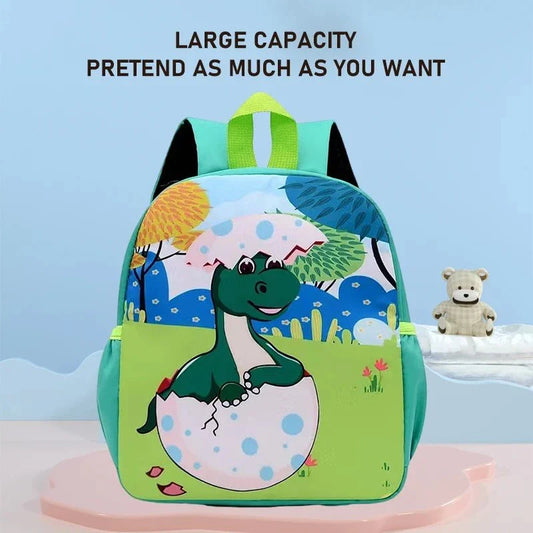 Cute animal print baby backpack with dinosaur design, durable nylon material, suitable for ages 2-6.