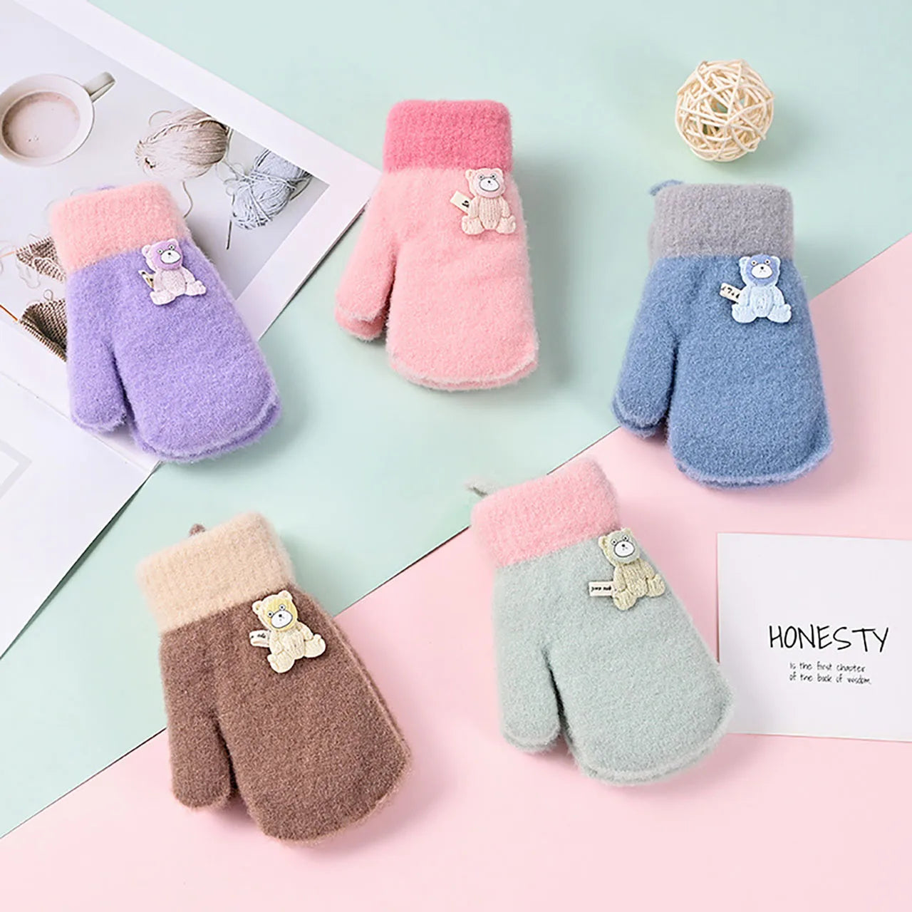 Cute Bear Kids Plush Hanging Neck Mittens Boys Girls Anti Cold Warm Hand Cover 3-7year Children Woolen Glove Winter Baby Thermal