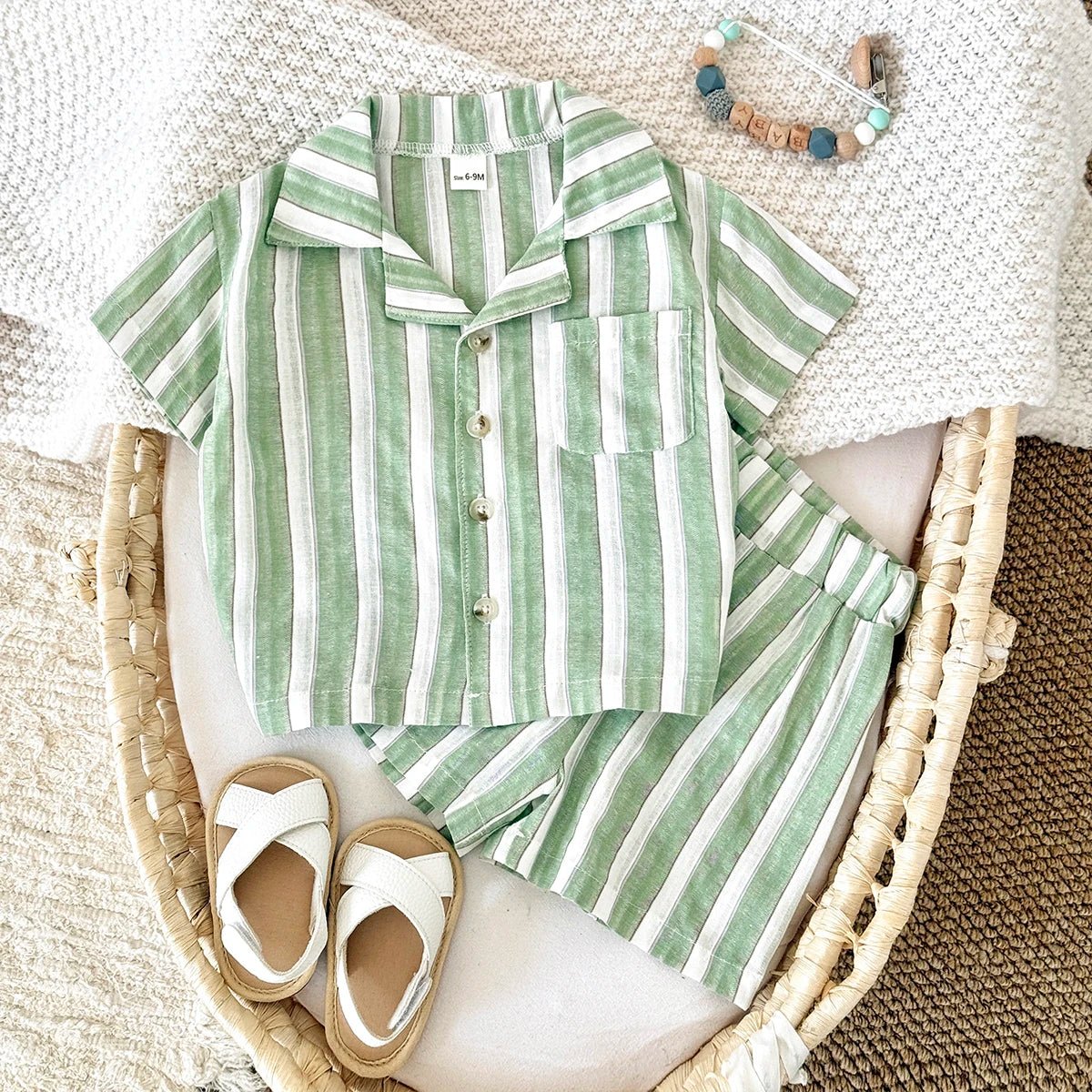 Newborn Baby Boys Girls Clothing Summer Set Green Stripe Buttoned Shirt Shorts 2Pcs Set - BabyHaven