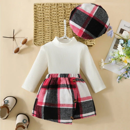 Infant Spring Autumn Long Sleeve Top and Dress Set 6 - 18 Months Baby Girl Houndstooth Skirt Beret - BabyHaven