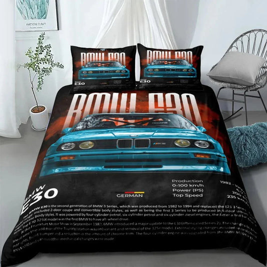 Vincent car cover set 3pcs featuring a stylish duvet cover and matching pillowcases with a car graphic design.