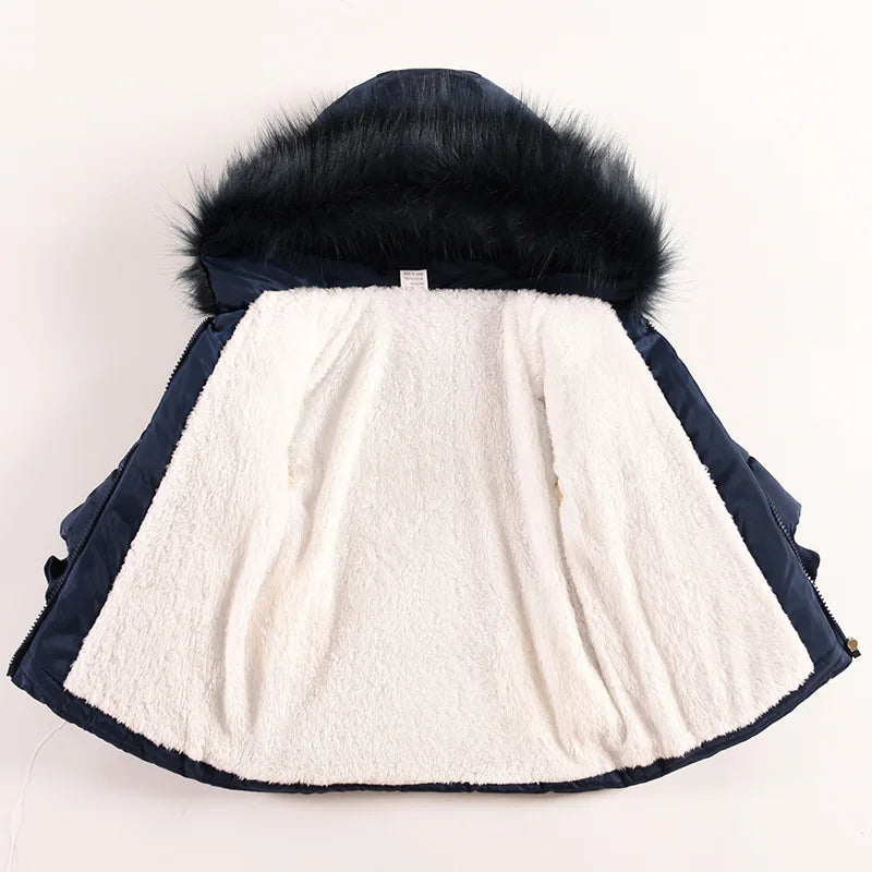 Flowers Autumn Winter Girls Jacket Fur Collar Keep Warm Little Princess Coat Hooded Zipper Baby Outerwear 1-5 Years Kids Clothes