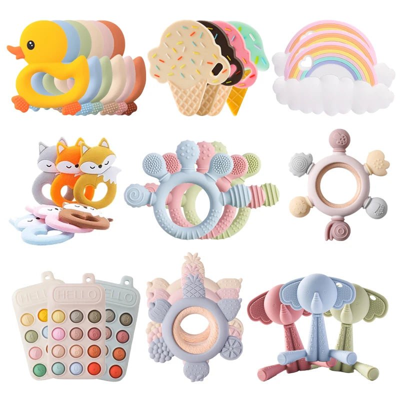 Baby Teether Silicone Teething Toys for Infant Baby Acessories 0 12 Months Baby Silicone Baby Toys Teether Gum Cartoon Rattle - BabyHaven