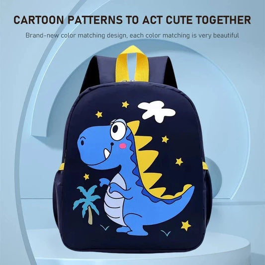 Cute animal print baby backpack for ages 2-6, durable nylon, customizable, with cartoon dinosaur design.
