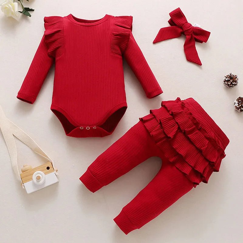 Newborn Baby Girls Clothes Infant Long Sleeve Ruffle Romper Bodysuits+Pants+Bow Headband 3Pcs Suit Children Toddler Outfit A422 - BabyHaven