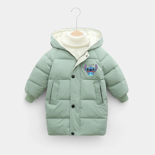 Disney Stitch Kids Long Winter Jacket Thicken Warm Cotton Coat for Boys And Girls Autumn Teen Outerwear Big Children's Clothes