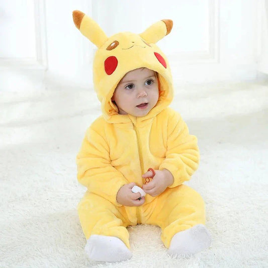 Baby in yellow Pokemon costume with Pikachu ears and design, sitting on carpet.