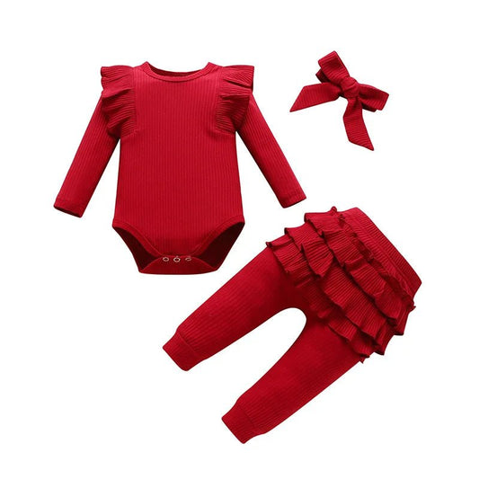 Newborn Baby Girls Clothes Infant Long Sleeve Ruffle Romper Bodysuits+Pants+Bow Headband 3Pcs Suit Children Toddler Outfit A422 - BabyHaven