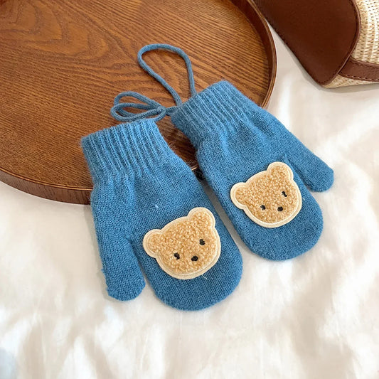 Winter Warm Knitted Baby Gloves Cute Cartoon Bear Boys Girls Full Finger Mittens With Ropes Outdoor Windproof Kids Mittens