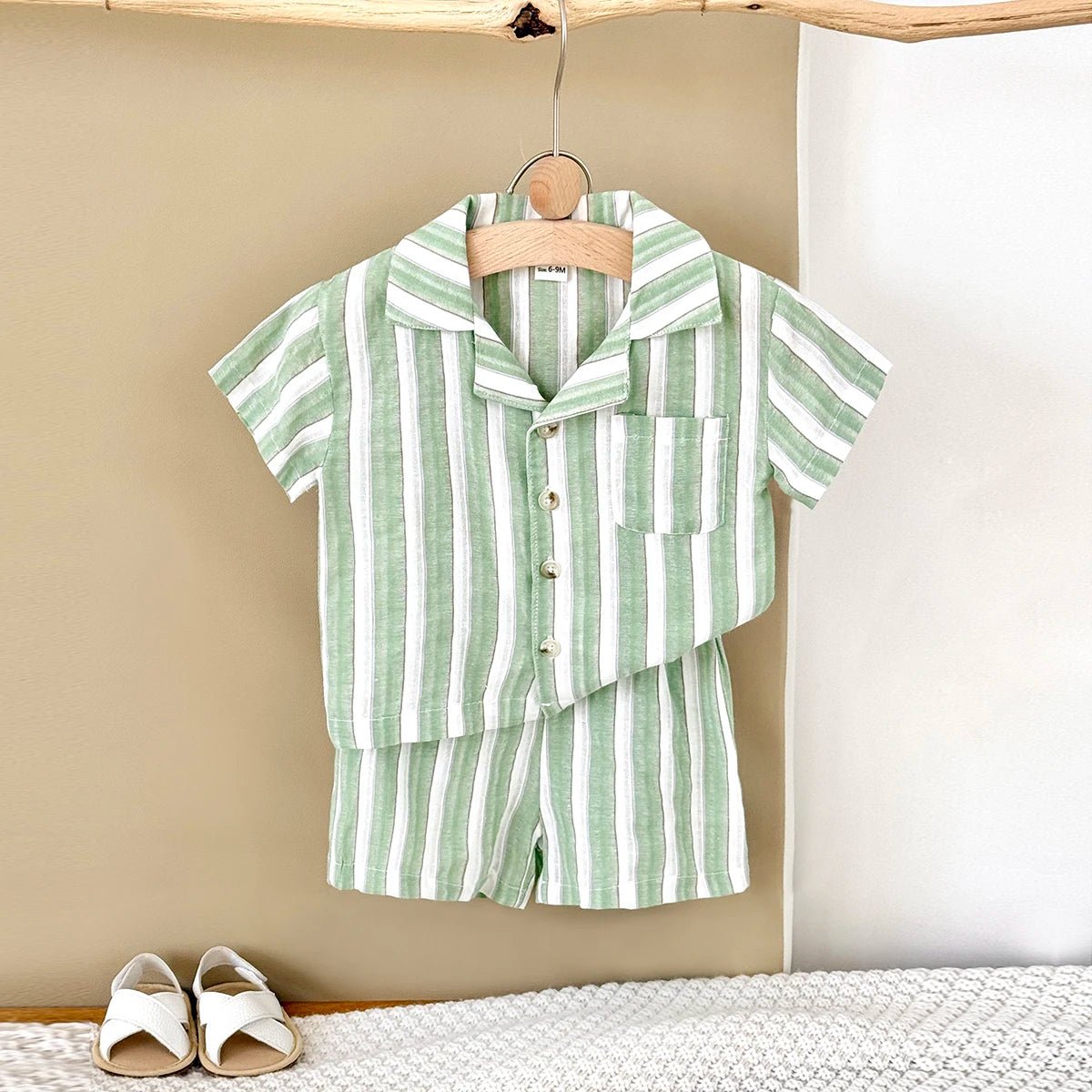 Newborn Baby Boys Girls Clothing Summer Set Green Stripe Buttoned Shirt Shorts 2Pcs Set - BabyHaven