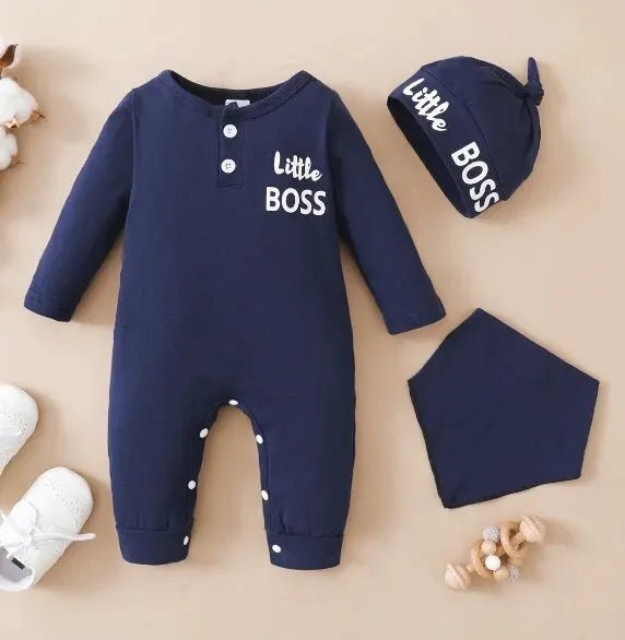 0 - 12 Months Newborn Baby Boy Bodysuit Long Sleeve Letter Print Jumpsuit and Hat Fashion Cute Daily Wear - BabyHaven