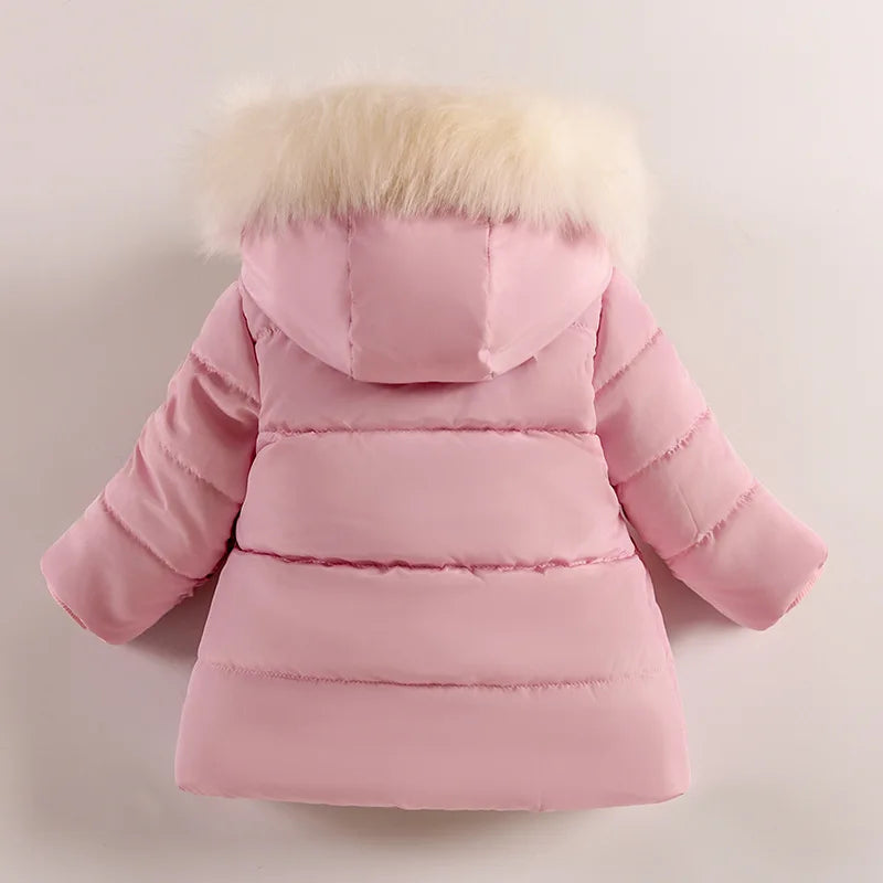 Flowers Autumn Winter Girls Jacket Fur Collar Keep Warm Little Princess Coat Hooded Zipper Baby Outerwear 1-5 Years Kids Clothes