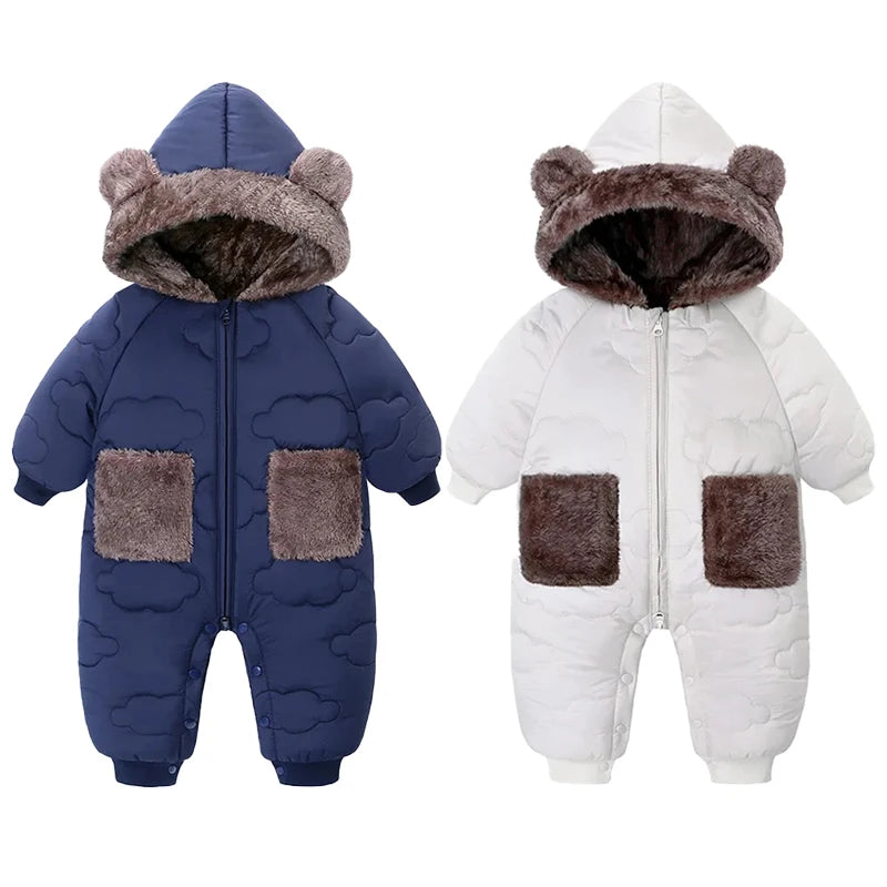 New winter new baby flannel one-piece warm cotton jacket baby plus velvet hooded 0-3 years old children's clothing