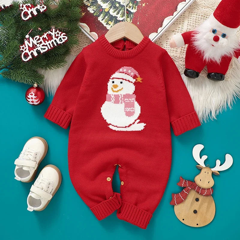 Christmas Rompers Red Winter Newborn Reindeer Knit Infant Boys Girl Long Sleeve Cartoon Snowman Rompers Toddler Outwear Clothes