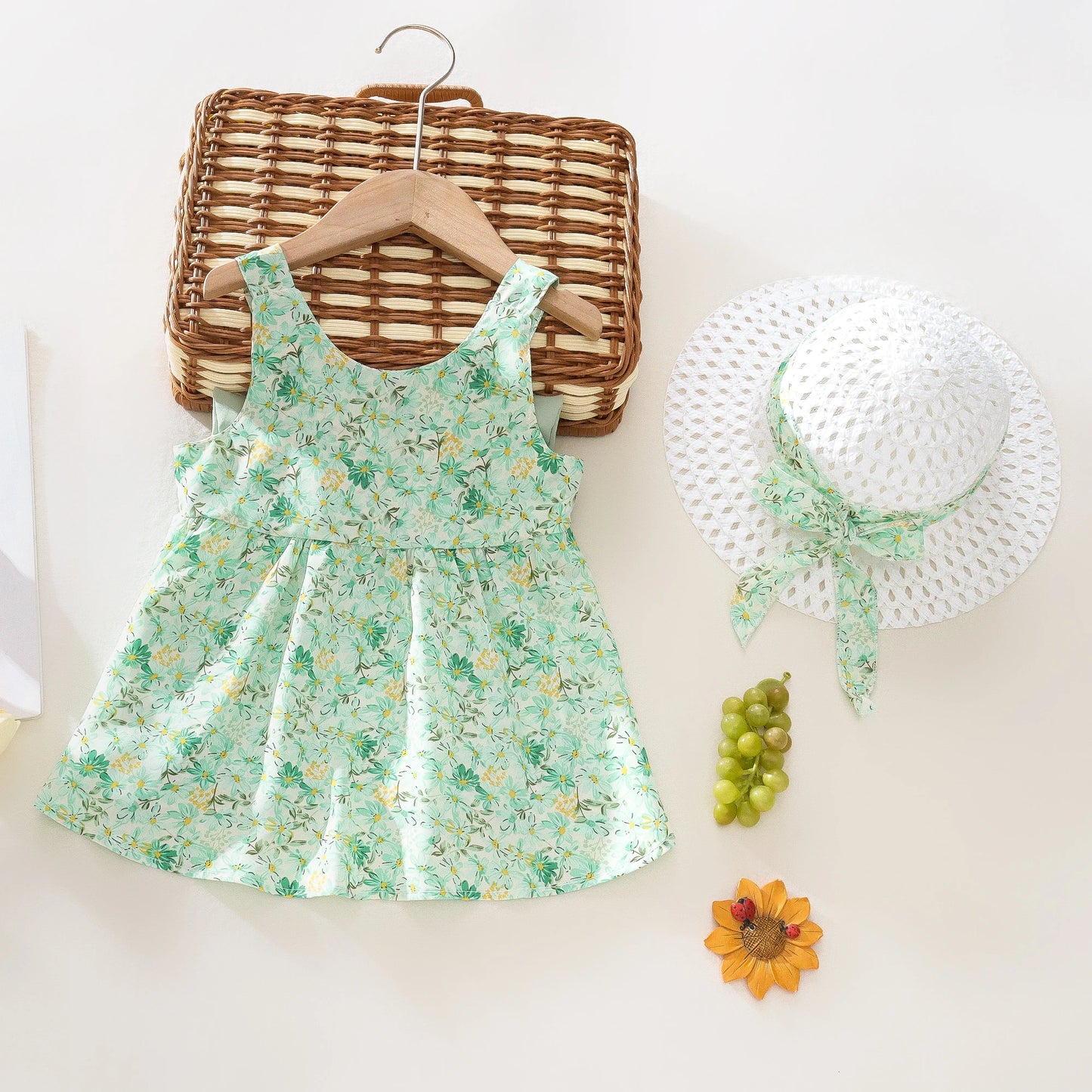 Summer 2 - Piece Baby Dress+Sun Hat Bow Strap Floral Baby Girl Dress Soft And Comfortable Children'S Clothing - BabyHaven