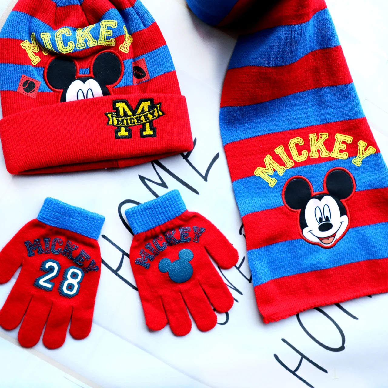 3pcs/set 4-8Years children's hat boys Mickey Cartoon hat scarf gloves hat knitted sets girl cap keep warm girls headgear
