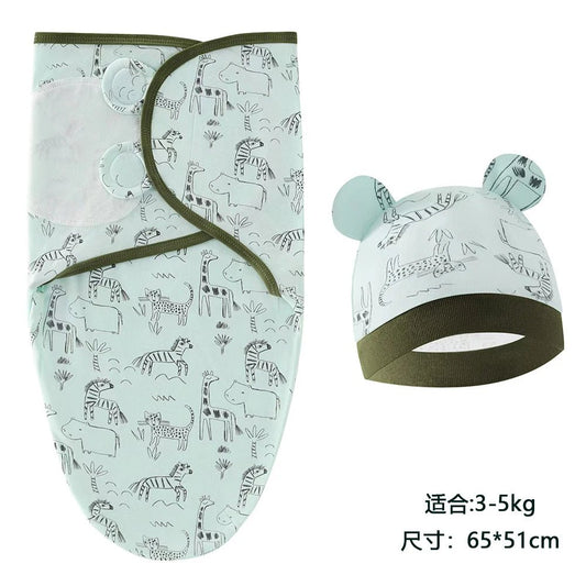 Baby Blanket Hat Set Cartoon Printed Cotton Newborn Swaddle - BabyHaven