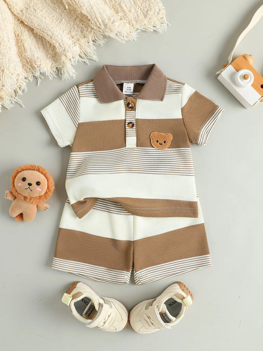 Children's Summer New Arrival Boys Regular Striped Teddy Bear Short T-Shirt and Shorts Casual Sport Two Piece Set - BabyHaven