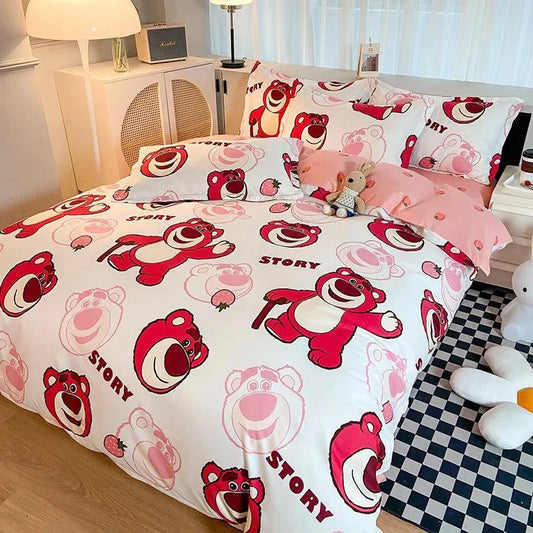 Disney 4-Piece Cotton Bedding Set with vibrant cartoon design featuring playful characters, ideal for a cozy and magical bedroom.