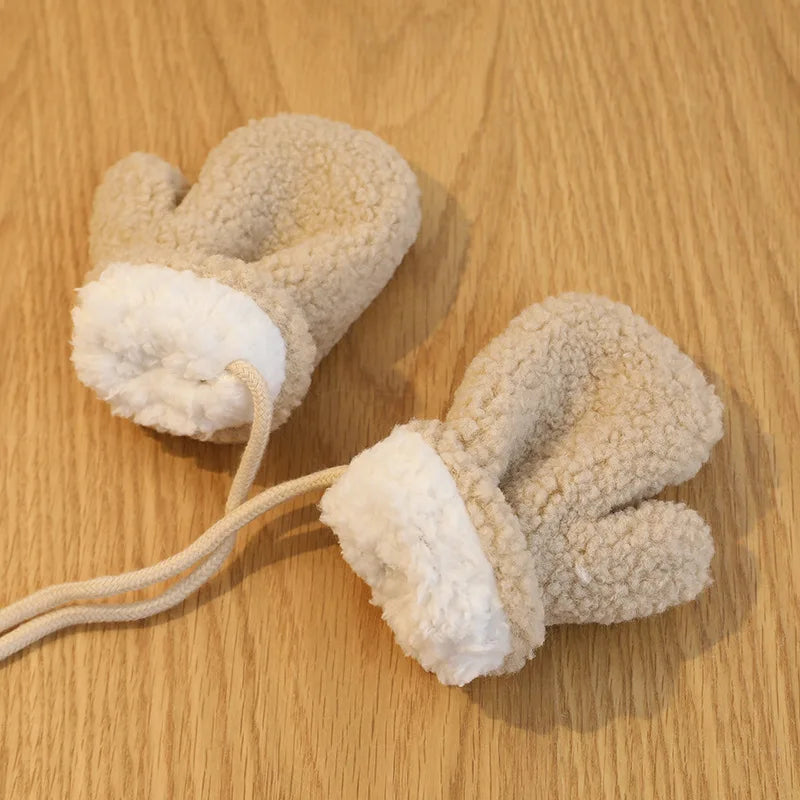 Bear Children Winter Mittens Thicken Warm Halter Baby Gloves for Girls Boys Lamb Wool Korean Kids Scarfs Baby Neck Warmer 2-6Y