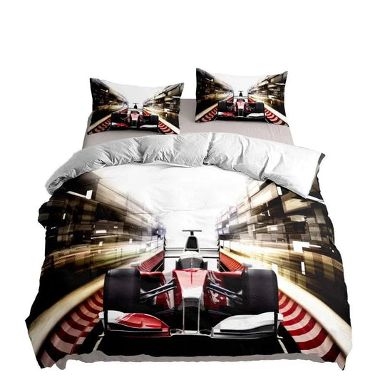 Vincent car cover bed set with racing car design, includes duvet cover and pillowcases.
