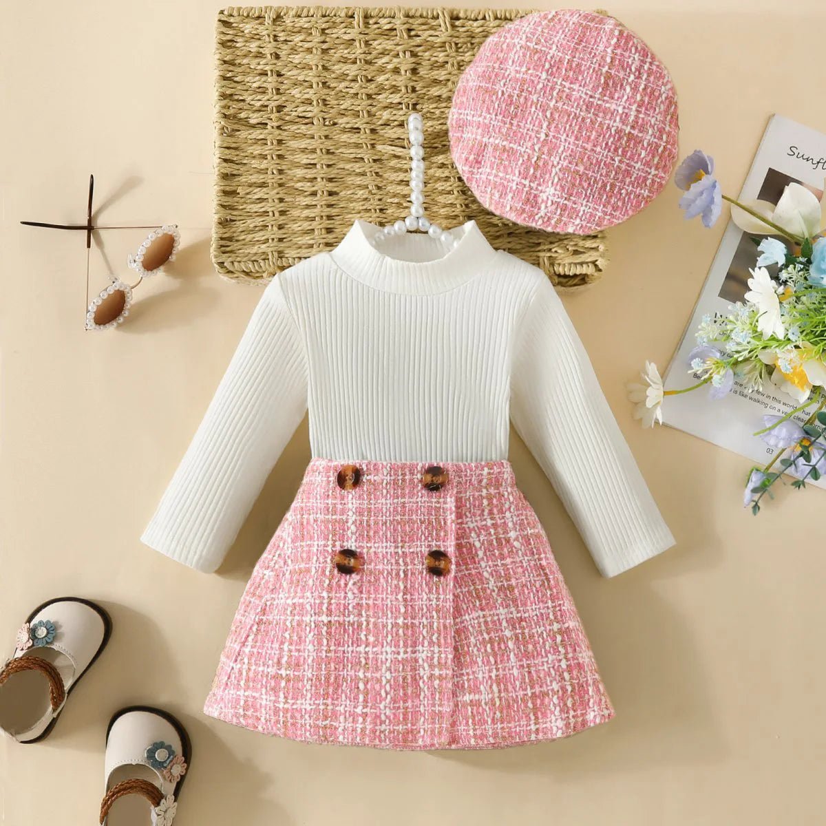 Infant Spring Autumn Long Sleeve Top and Dress Set 6 - 18 Months Baby Girl Houndstooth Skirt Beret - BabyHaven
