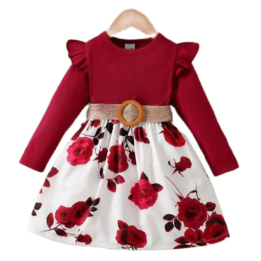 Children Girls Fashion Dress Red Long Sleeved Flower Skirt - BabyHaven