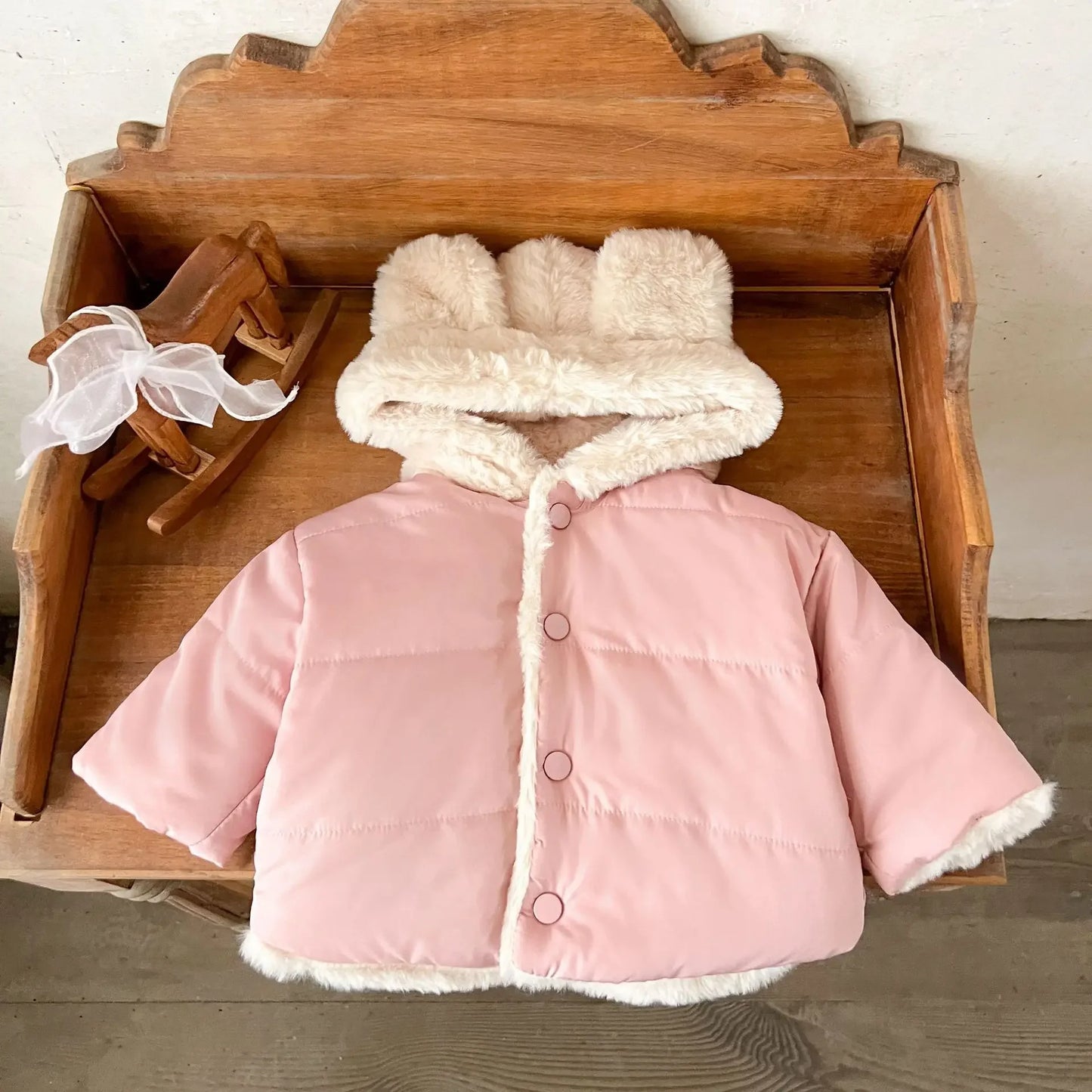 Korean Style Baby Boys Girls Winter Coat Fleece Lined Thickened Cotton Padded Jacket Cute Bear Ear Hooded Warm Outerwear