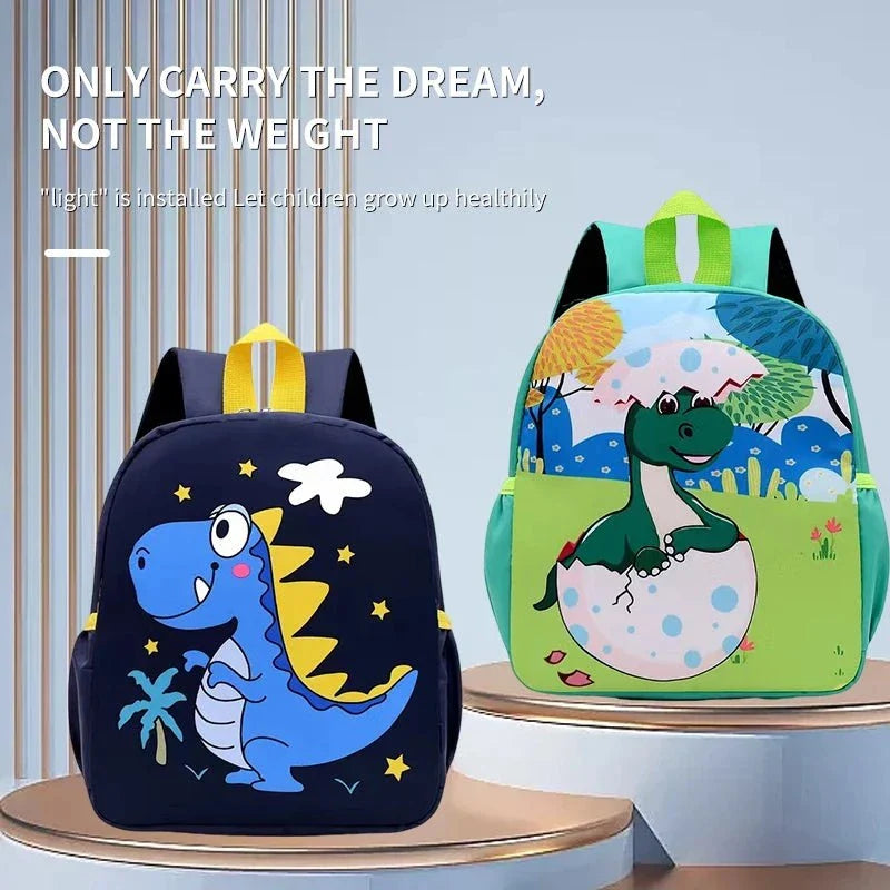 Cute animal print baby backpack with dinosaur design, perfect for kids aged 2-6, made from durable nylon.