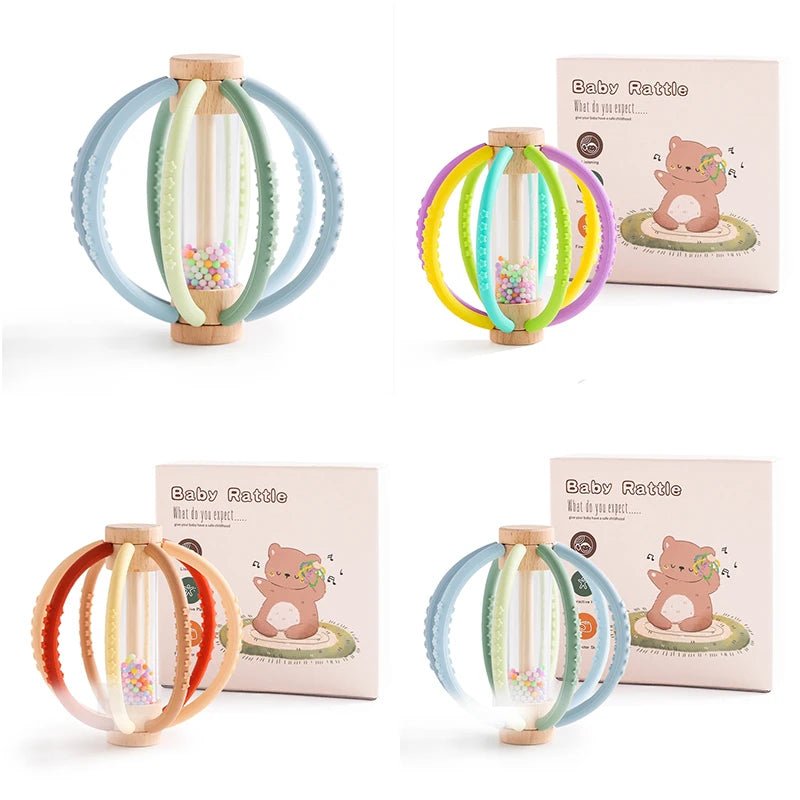 Baby Rattle Toy Wooden Rain Drum With Silicone Baby Sensory Touch Toy Newborn Dental Care Gum Anti - eating Hand Molar Stick Gif - BabyHaven