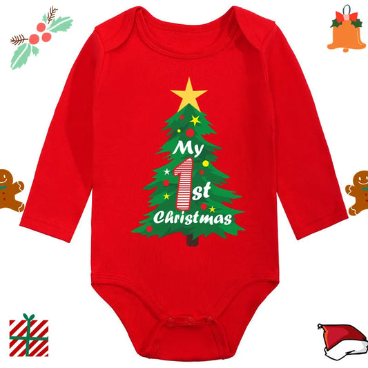 My 1st Christmas Santa Claus Elk Print Newborn Cute Long Sleeve Romper Red Cotton Baby Boys Girls Bodysuit
